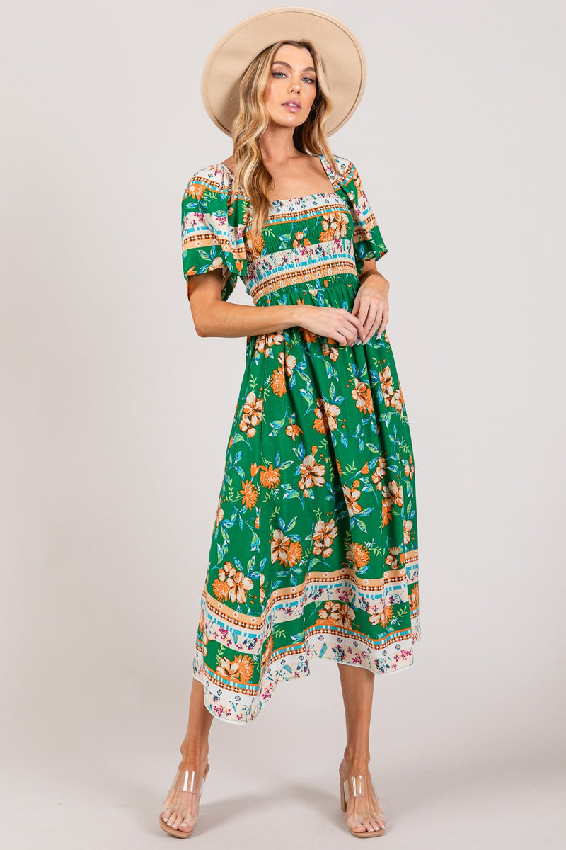 SAGE + FIG Printed Smocked Short Sleeve Midi Dress – Magnolia & Fig