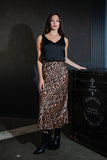 Leopard Print Stretch Satin Midi Skirt
