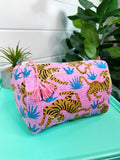 Pink Tiger Print Quilted Cosmetics Bag - Travel Makeup Bag