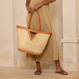 Large Square Cane Weave Rattan Tote with Triangle