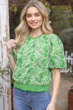 Leaf Embroidered Bubble Sleeve Top
