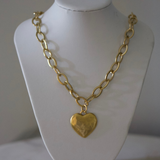 Hammered Heart Chain Necklace - Stainless Steel - 24k Gold Plated Pewter Heart