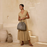 Fold Over Palm Leaf Handbag with Round Handle
