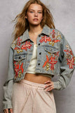 Beaded Embroidered Waist Tab Denim Jacket