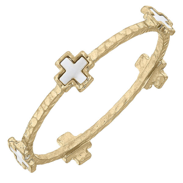 Bethany Cross Mother of Pearl Bangle in Worn Gold