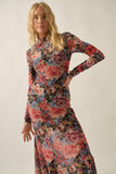 Floral-Print Mesh Long-Sleeve Mock-Neck Maxi Dress