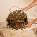 Fold Over Palm Leaf Handbag with Round Handle