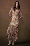 Floral-Print Mesh Long-Sleeve Mock-Neck Maxi Dress