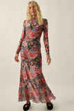 Floral-Print Mesh Long-Sleeve Mock-Neck Maxi Dress