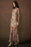 Floral-Print Mesh Long-Sleeve Mock-Neck Maxi Dress