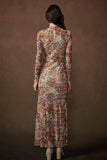 Floral-Print Mesh Long-Sleeve Mock-Neck Maxi Dress