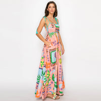 Coral Retro Print Maxi Dress