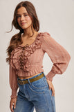 Ruffle Lace-Up Smocked Blouse