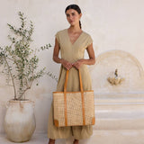 Oversized Rattan Square Weave Tote Brown Leather Crosshatch