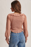 Ruffle Lace-Up Smocked Blouse