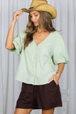 Bubble Sleeve 100%Cotton Blouse Top (Sage or Salmon)