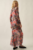 Floral-Print Mesh Long-Sleeve Mock-Neck Maxi Dress