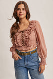 Ruffle Lace-Up Smocked Blouse