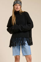 Fringe Hem Ribbed Turtleneck Sweater