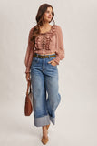 Ruffle Lace-Up Smocked Blouse
