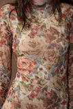 Floral-Print Mesh Long-Sleeve Mock-Neck Maxi Dress