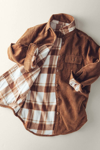 Plaid Lined Corduroy Flannel Shacket (Brown or Olive)
