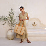 Oversized Rattan Square Weave Tote Brown Leather Crosshatch
