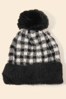 Fuzzy Pompom Plaid Beanie