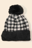 Fuzzy Pompom Plaid Beanie