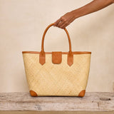 Ivory Rattan Tote with Rolled Leather Handle