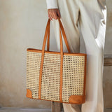 Oversized Rattan Cane Weave Tote Brown Leather