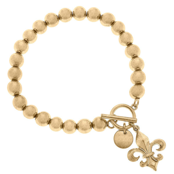 Lourdes Bourbon Fleur de Lis Charm Ball Bead T-Bar Bracelet in Worn Gold