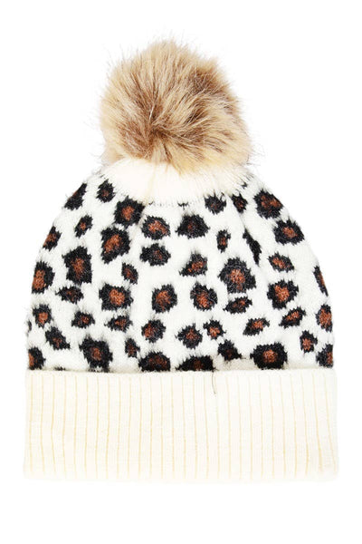 Leopard Print Knitted Pom Beanie