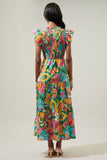 Lanai Multi Tropics Sunfire Smocked Bodice Tiered Midi Dress