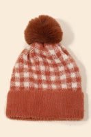 Fuzzy Pompom Plaid Beanie