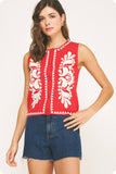Embroidered Sleeveless Knitted Vest Top (Ivory or Red)