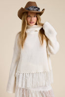 Fringe Hem Ribbed Turtleneck Sweater