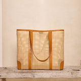 Oversized Rattan Square Weave Tote Brown Leather Crosshatch