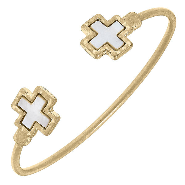 Bethany Cross Mother of Pearl Cuff Bracelet in Worn Gold