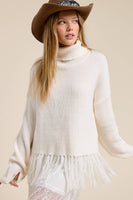 Fringe Hem Ribbed Turtleneck Sweater