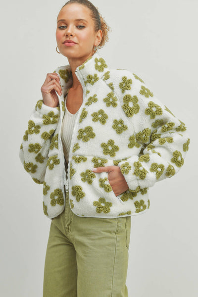 Daisy Flower Sherpa Fleece in Olive