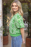 Leaf Embroidered Bubble Sleeve Top