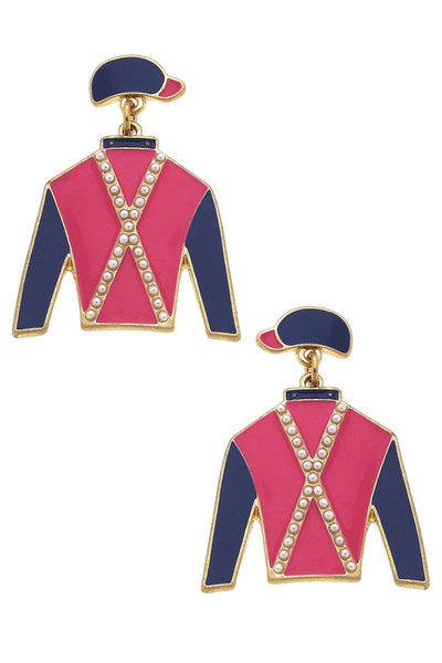 Dixie Jockey Silk Enamel Drop Earrings in Pink & Navy