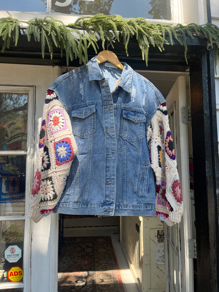 Pink Crochet Sleeve Denim Jacket