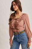 Ruffle Lace-Up Smocked Blouse