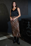 Leopard Print Stretch Satin Midi Skirt