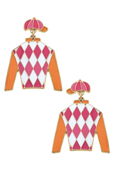 Fiona Jockey Silk Enamel Drop Earrings in Pink & Orange