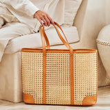 Oversized Rattan Cane Weave Tote Brown Leather
