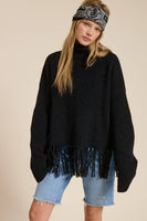 Fringe Hem Ribbed Turtleneck Sweater