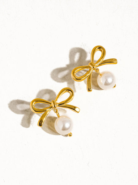 Aleah 18K Gold Non-Tarnish Bow Pearl Earring